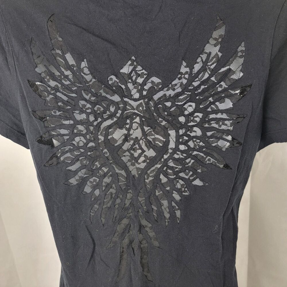 HARLEY DAVIDSON Womens Shirt Sz M Lace Wings BLACK Biker Grunge V Neck Cali